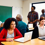 ** A diverse group of people, young and old, in a modern classroom setting, learning about computers and the internet. The atmosphere is positive and supportive, with instructors assisting individuals. Depict a sense of empowerment and opportunity.

**