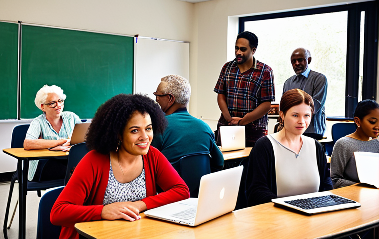 ** A diverse group of people, young and old, in a modern classroom setting, learning about computers and the internet. The atmosphere is positive and supportive, with instructors assisting individuals. Depict a sense of empowerment and opportunity.
**